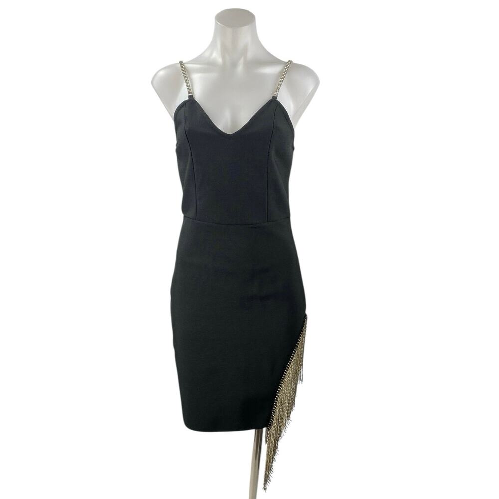 Women's Black Sleeveless V Neck Gold Fringe Beaded Cami Mini Bodycon Dress Sz M